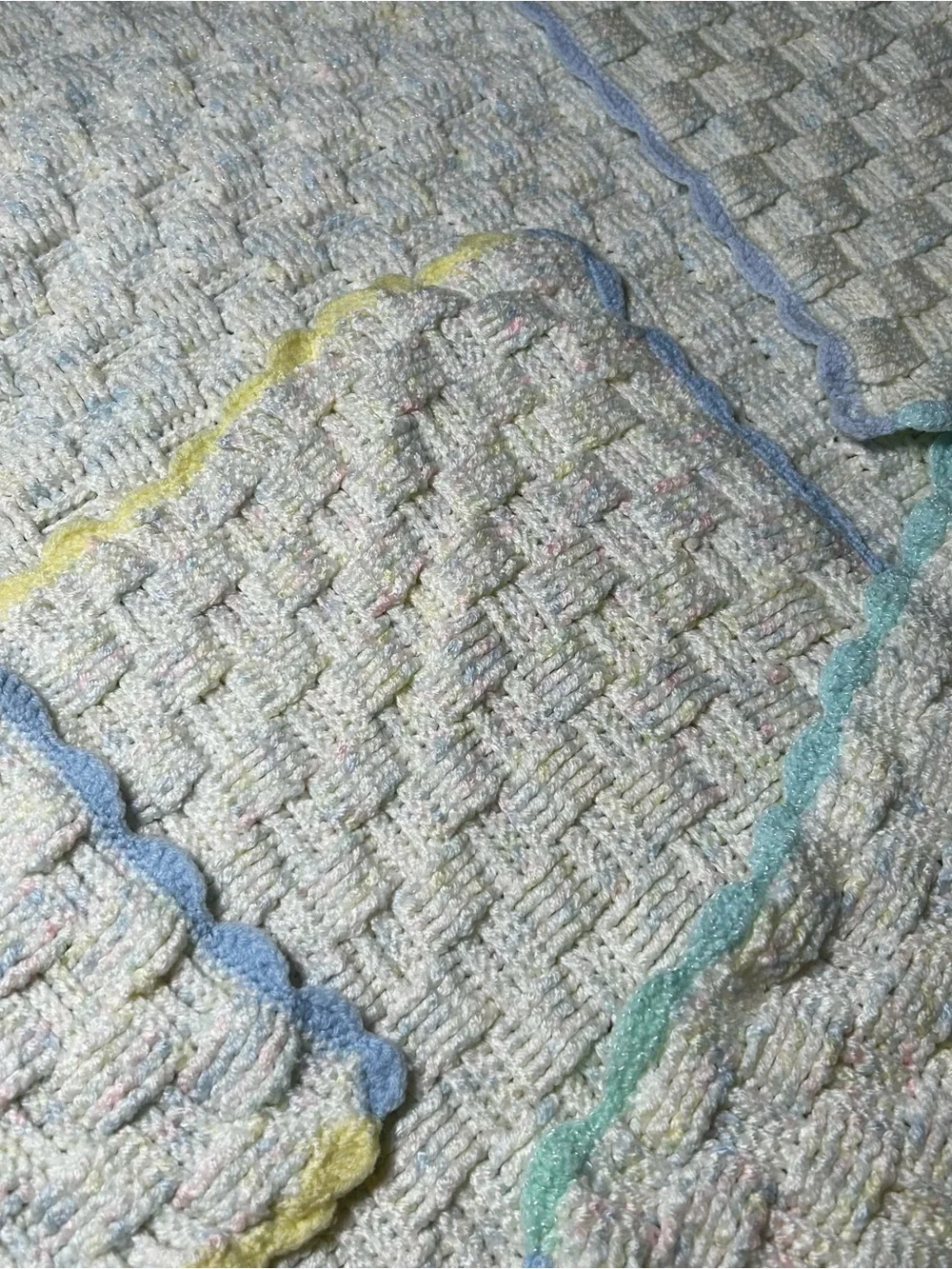 Vintage 1996 Hand Crocheted Baby Blanket Heirloom Pastel Basketweave Afghan prop